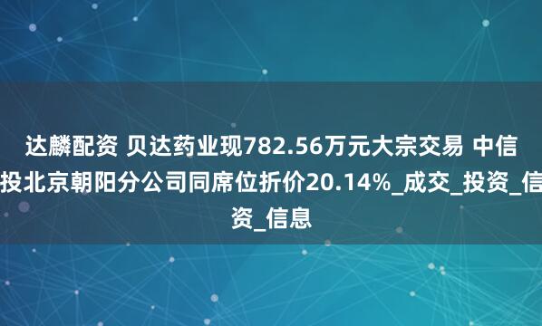 达麟配资 贝达药业现782.56万元大宗交易 中信建投北京朝阳分公司同席位折价20.14%_成交_投资_信息